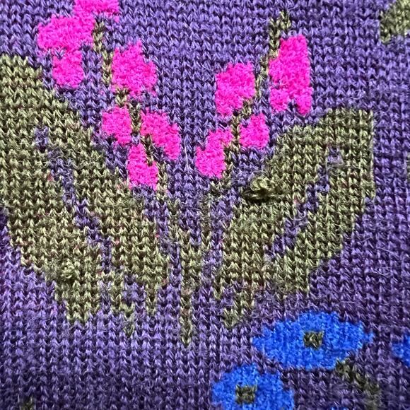 Vintage 80s Floral Pattern Mock Neck Purple Yellow Green Knit Sweater Geometric - Picture 10 of 11